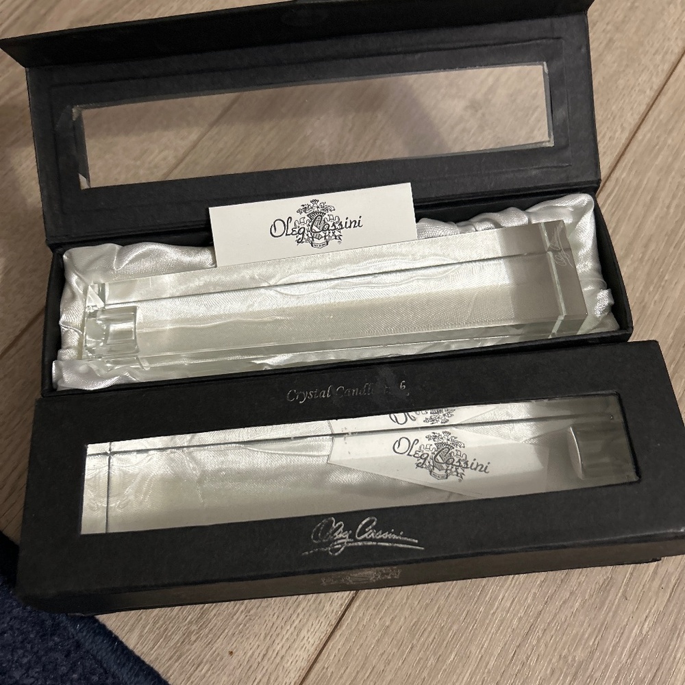 Oleg Cassini Crystal Candlesticks Set of 2 New in Original. Boxes Almost 8” Tall